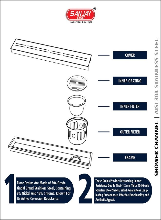 SANJAY CHILLY Arena Shower Channel Drainer Colour Collection SS Floor Drain Channel 304 Grade Cockroach Trap with Collar Luxurious Bathroom Gratings (Side Hole - Brushed Bronze - 24x4 INCH) - Image 4